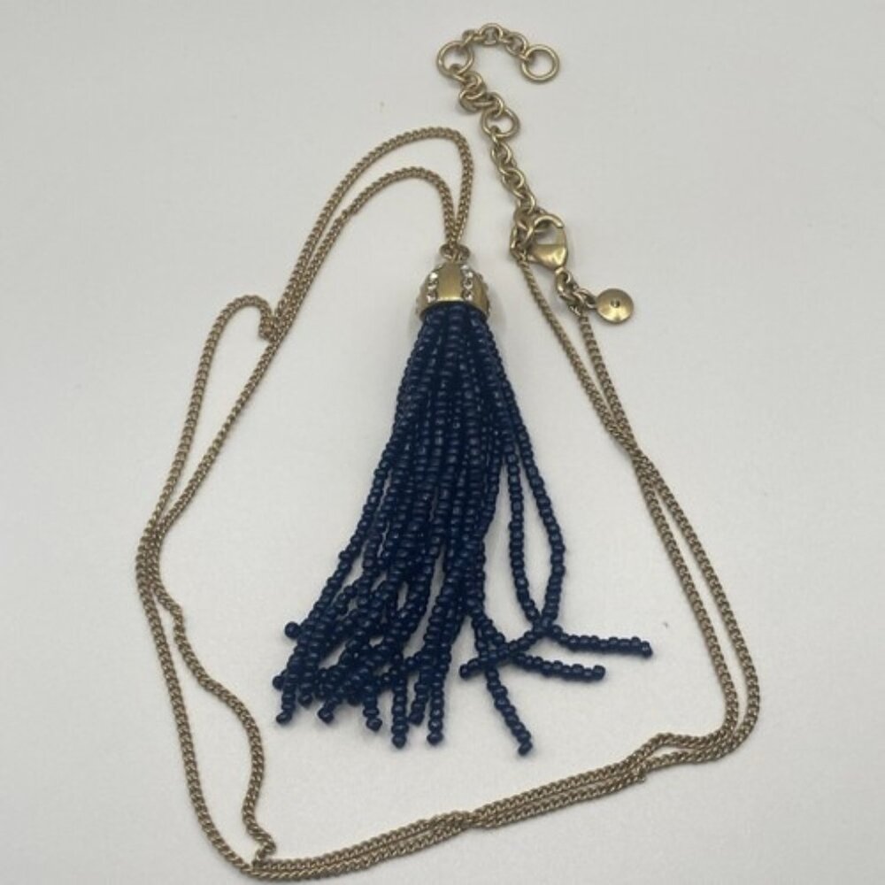 J. Crew Necklace Blue Bead Rhinestone Tassel Gold Tone Pendant 30+3"  5" Drop